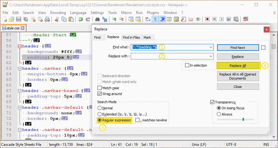 Deleting rows using Notepad++ and Regex